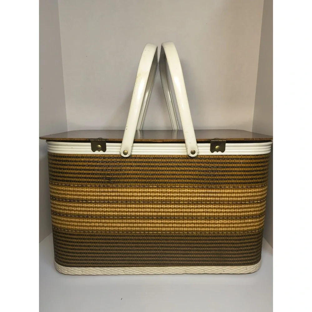 Vintage Redmon Picnic Basket Brown Stripe Dual Metal Handles Hinged Lid